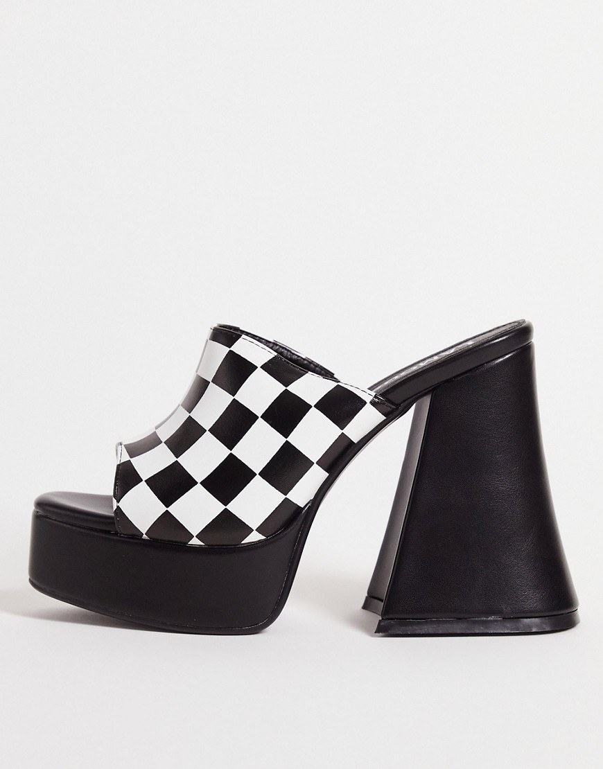 Lamoda platform mule heel sandals in checkerboard print-Multi