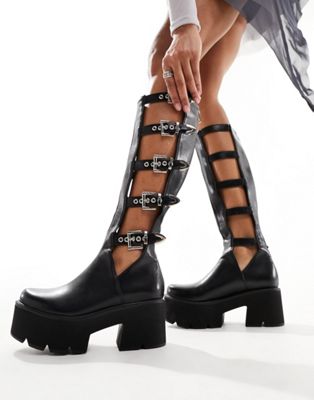 Lamoda Sensitivty buckle cut out chunky knee boots in black