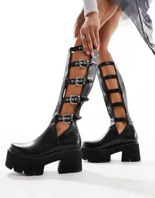 Lamoda Sensitivty buckle cut out chunky knee boots in black