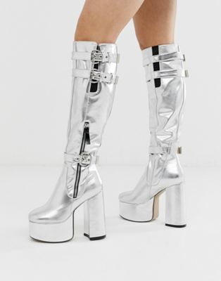 silver knee high platform boots