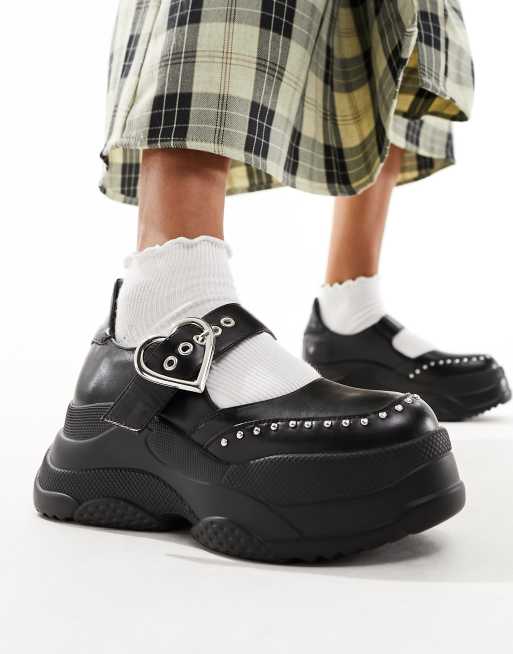 Lamoda Sunny Side chunky creepers with heart buckle in black ASOS