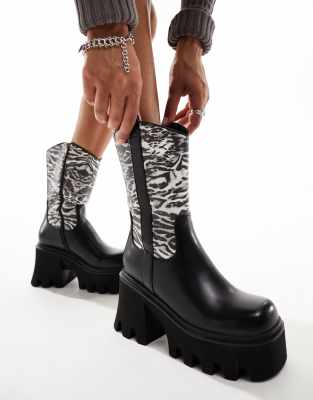 Lamoda - Viturous - Cowboystiefel in Schwarz mit dicker Sohle, Absatz und Zebramuster