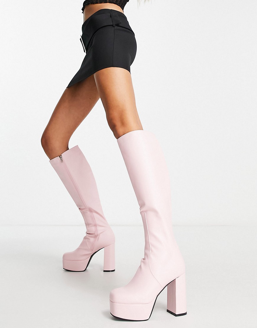 Lamoda Whatta Showdown knee high platform boots in pink