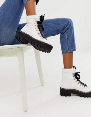 white chunky digger lace up boots