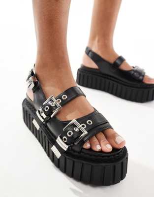 Lamoda - Womens Work - Sandalen in Schwarz mit Schnallendetail, flacher Plateausohle und Fersenriemen