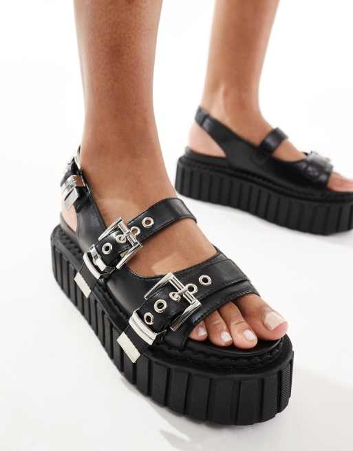 Lamoda - Womens Work - Sorte slingback-sandaler med flad plateausål og spænder