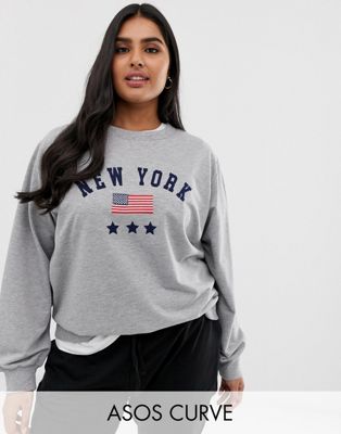Lang sweatshirt  med New York-print fra ASOS DESIGN Curve-Grå