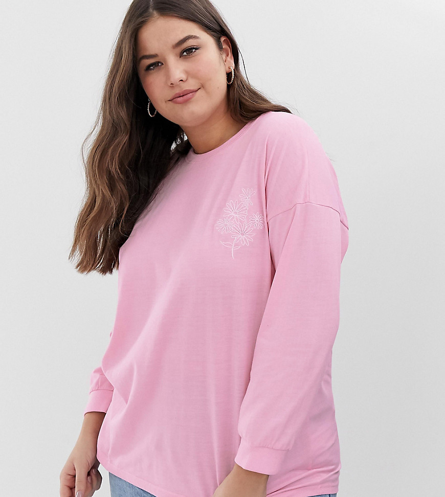 Langærmet T-shirt med margueritbroderi fra Daisy Street plus-Pink