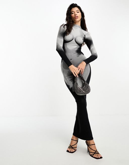 LAPP long sleeve seamless body art maxi dress in grey and black