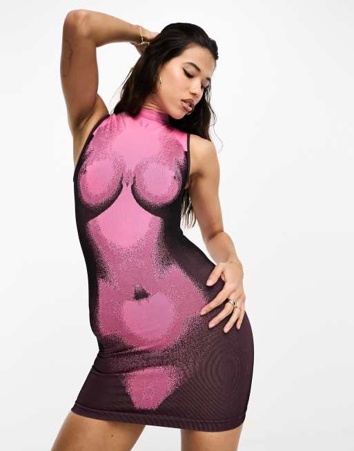 LAPP - Robe courte sans couture à imprimé corps artistique - Rose et noir