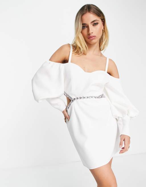 Lashes Of London cold shoulder volume sleeve embellished cut out mini ...