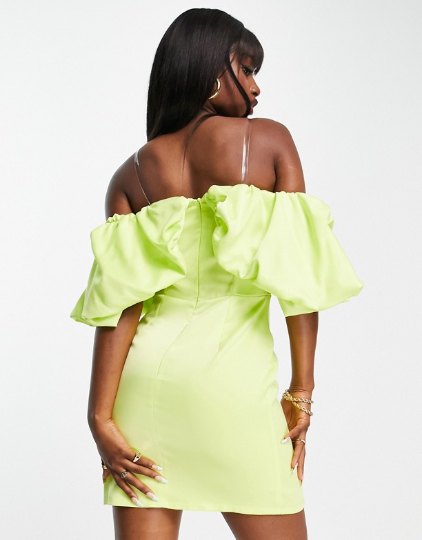  100% Gwarantowana Lashes Of London – Limonkowa sukienka mini z bufiastymi rękawami i koronką Kolor limonkowy
