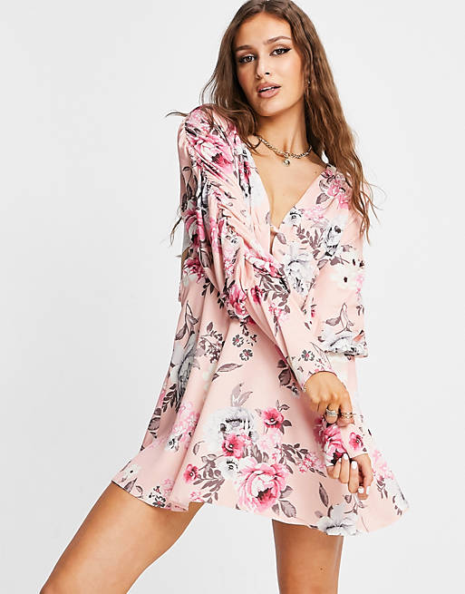 Women Lashes Of London plunge front twist lace back mini dress in blush floral print 