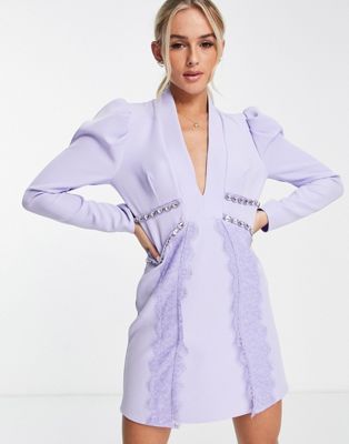 Lashes Of London puff sleeve lace and embellished mini blazer dress in lilac