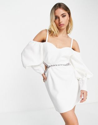 Lashes Of London cold shoulder volume sleeve embellished cut out mini dress in white - ASOS Price Checker
