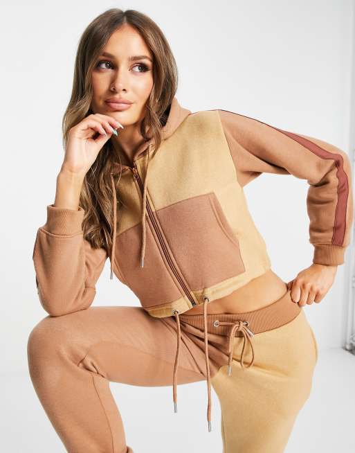 Lasula - Cropped hoodie met rits in bruin, deel van co-ord set, 4 van 4