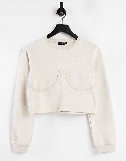  Lasula cropped sweatshirt with under bust detail in oatmeal 