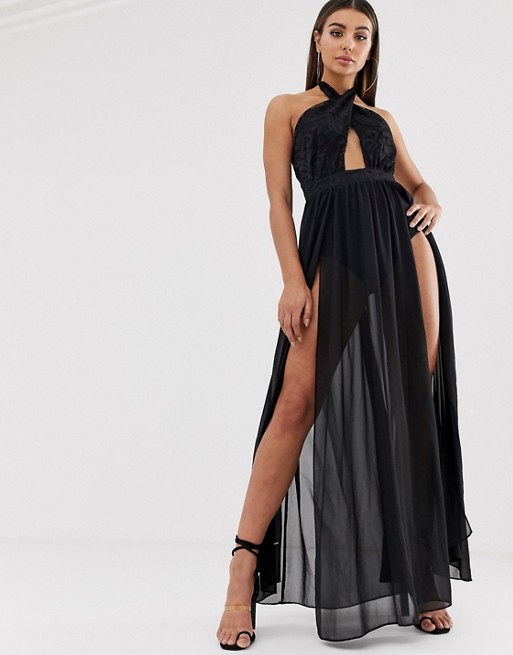 Lasula cross front maxi dress with double thigh split in black