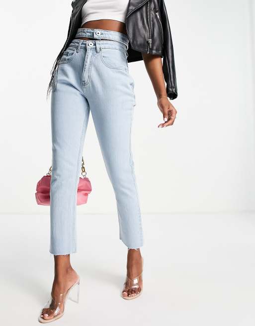 Lasula - Jeans met rechte pijpen en detail met dubbele band in blauw