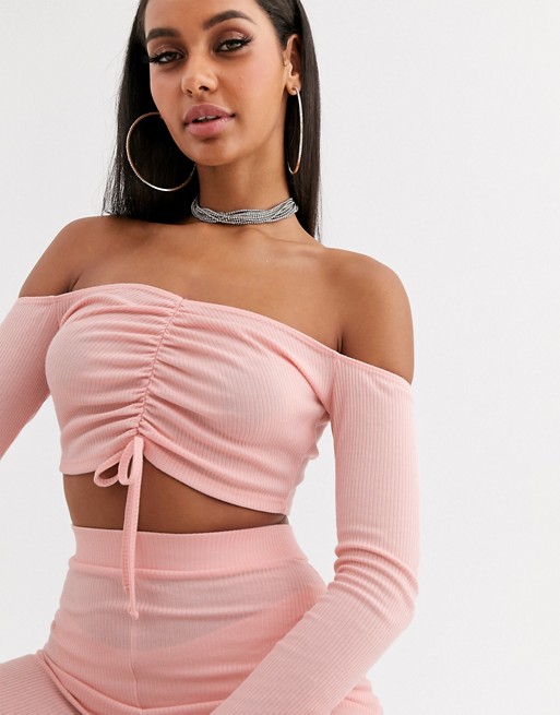 Lasula lounge off shoulder ribbed tie front crop top co ord in pink