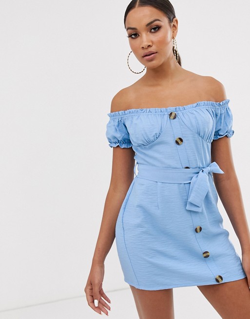 Lasula off shoulder button through mini dress with belt in blue
