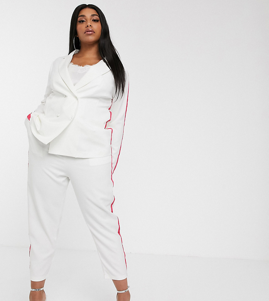Lasula Plus cigarette trouser with pink piping in white