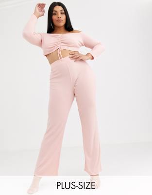 Lasula Plus - Combi-set van geribbelde lounge-broek in roze