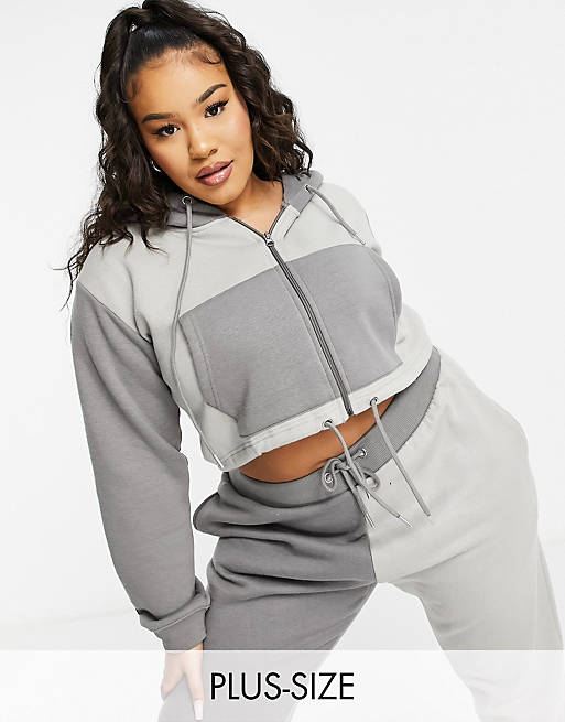 Women Lasula Plus contrast cropped zip through hoodie co ord in grey 