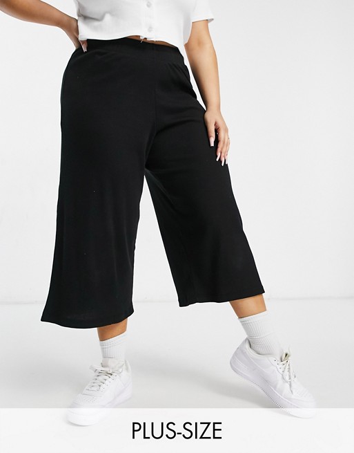 Lasula Plus cropped ribbed wide leg trouser in black