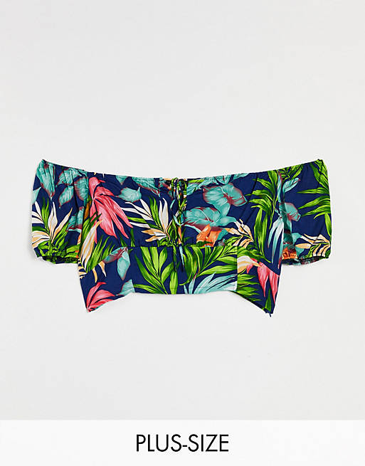Lasula Plus frilly crop top co-ord in green tropical print