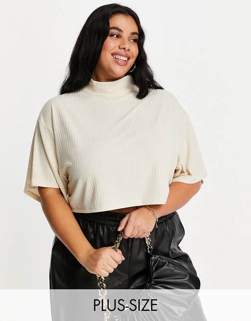 Lasula Plus high neck ribbed batwing top in beige