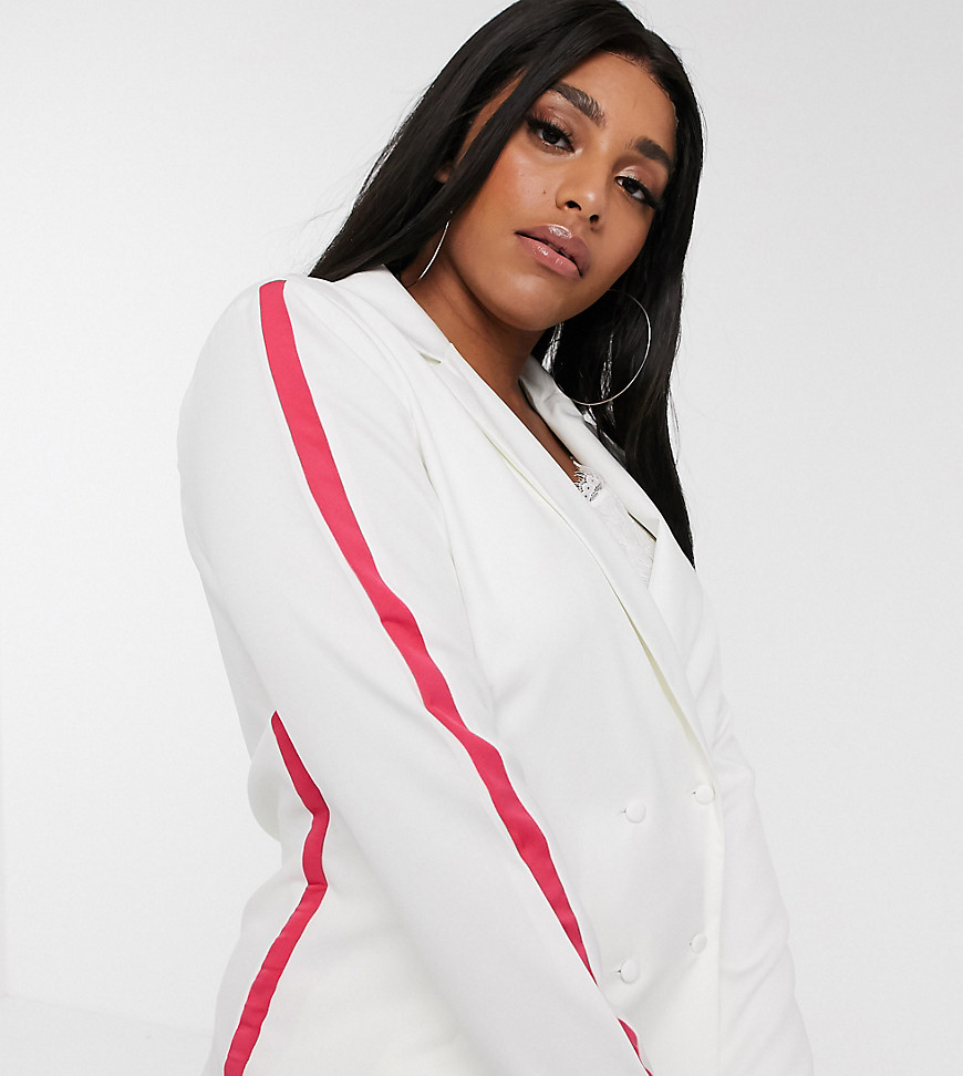 Lasula Plus longline blazer with pink piping in white