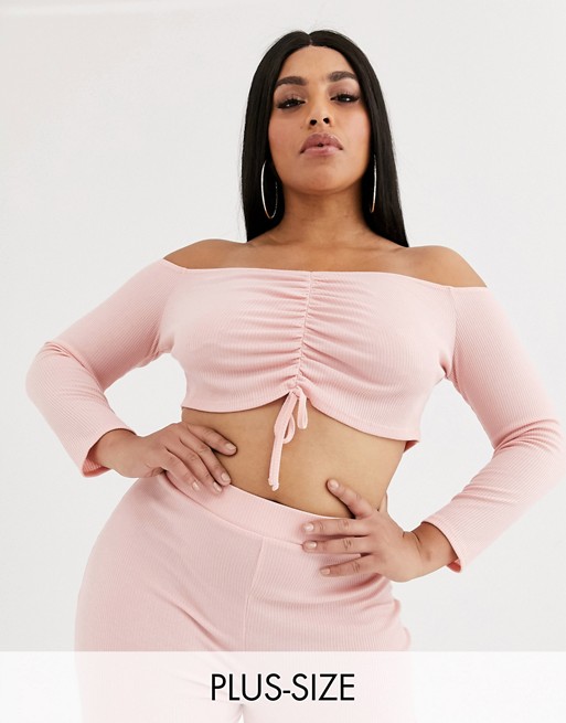 Lasula Plus lounge off shoulder ribbed tie front crop top co ord in pink