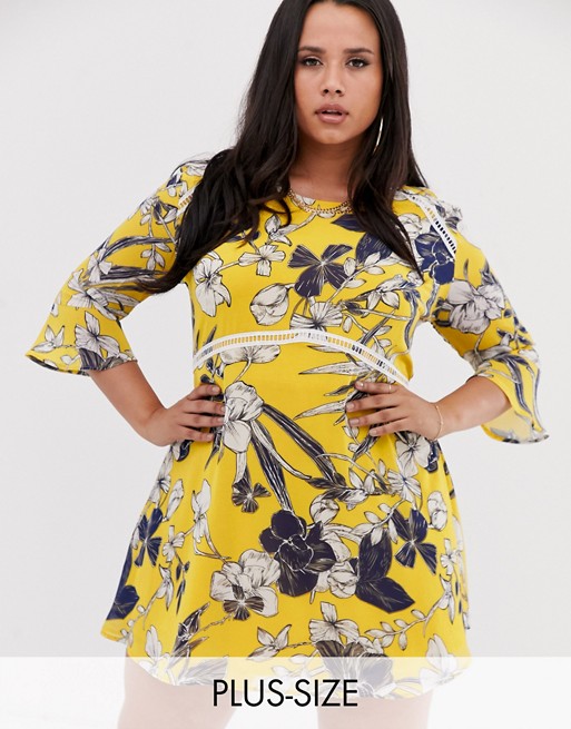 Lasula Plus mini tea dress with fluted sleeve in yellow floral print