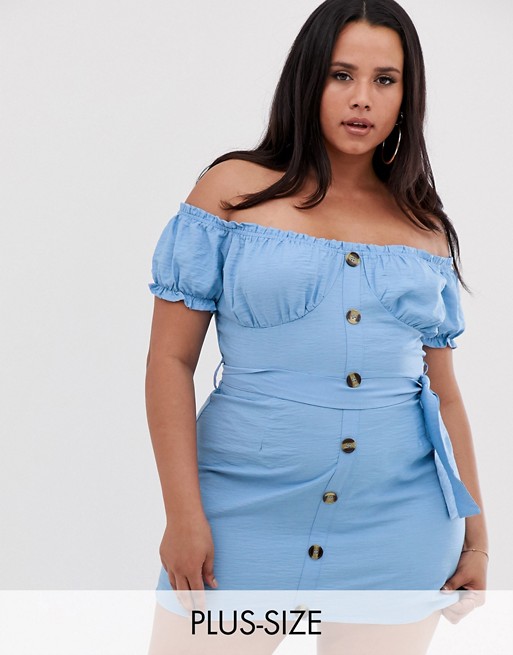 Lasula Plus off shoulder button through mini dress with belt in blue