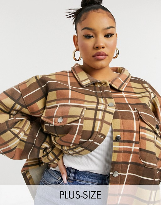Lasula Plus oversized check jacket in brown