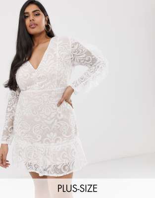 lasula plus ruffle pleated hem allover plunge lace mini dress asos