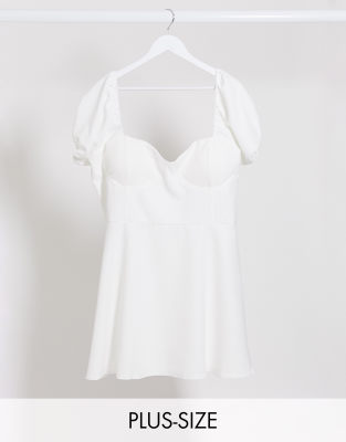 Lasula Plus puff sleeve dress in white 