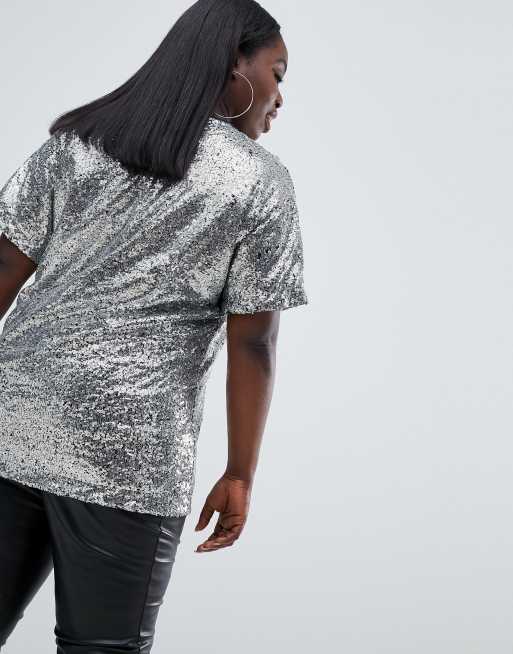 ASOS DESIGN Curve oversized sequin t-shirt in silver