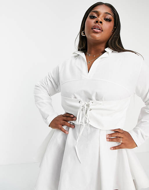  Lasula Plus shirt dress with corset detail in white 