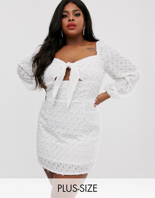 Lasula Plus textured square neck tie front mini dress with baloon sleeves in white