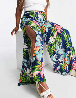 tropical print wide leg pants