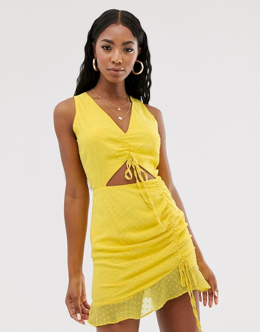 Lasula ruched mini dress with cutout detail in yellow