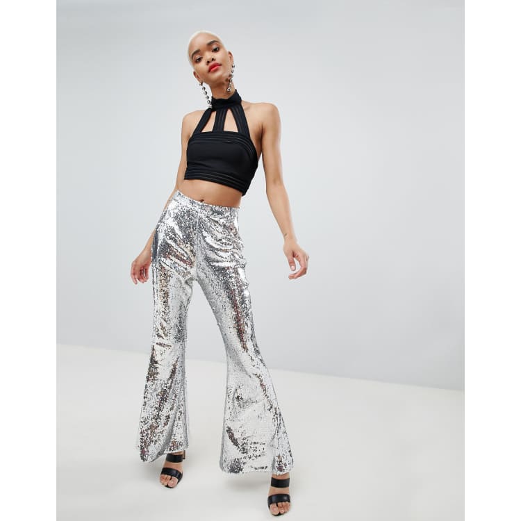 Mesh Sequin Flare Pant in Silver Gray