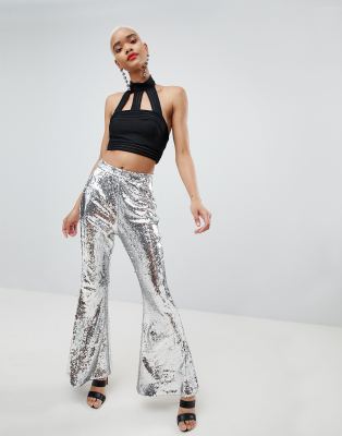 silver sequin flared trousers