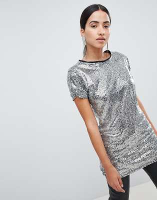 Lasula sequin longline t-shirt in silver-pink