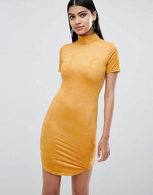 Lasula suedette high neck bodycon dress in Yellow