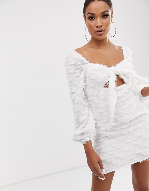 Lasula textured square neck tie front mini dress with balloon sleeves in white