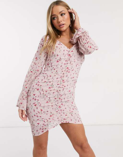 Lasula - Vestito corto rosa a fiori con arricciatura