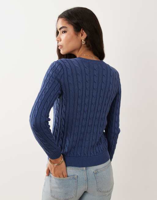 Lauren by Ralph Lauren – Blå kabelstickad kofta i bomull med ikonlogga, 4 av 4